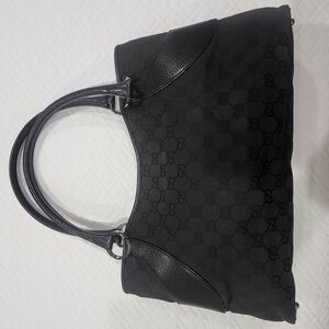 Gucci Black GG Canvas Tote Bag Leather Cloth Pony- style
